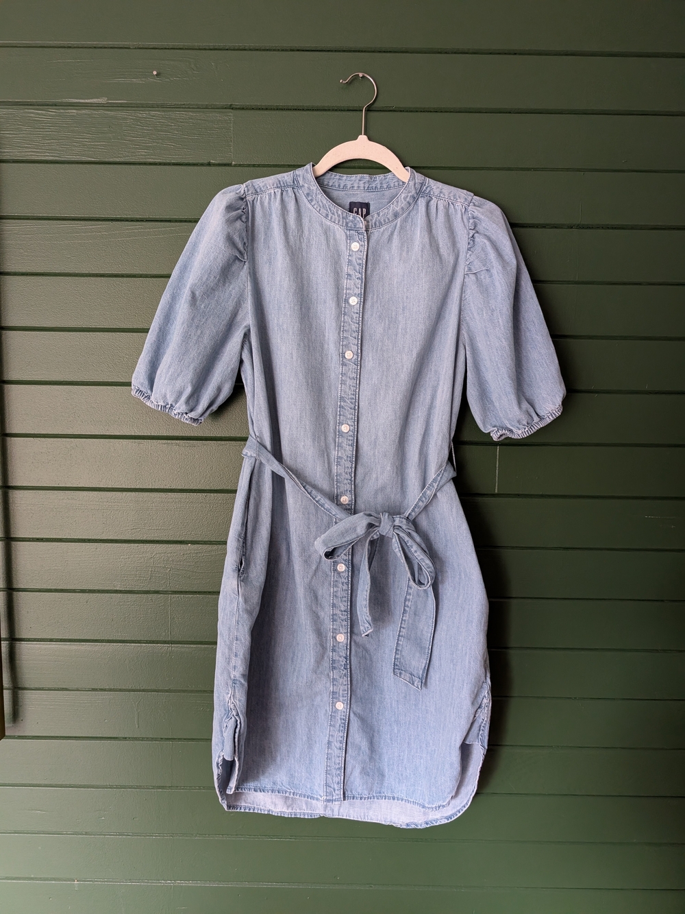GAP Light Blue Denim Button-Front Midi Dress with Tie Waist